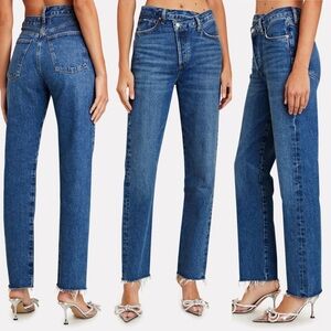 AGOLDE Criss Cross Straight Leg Organic Jeans Button Fly Womens Sz 22 Blue Denim